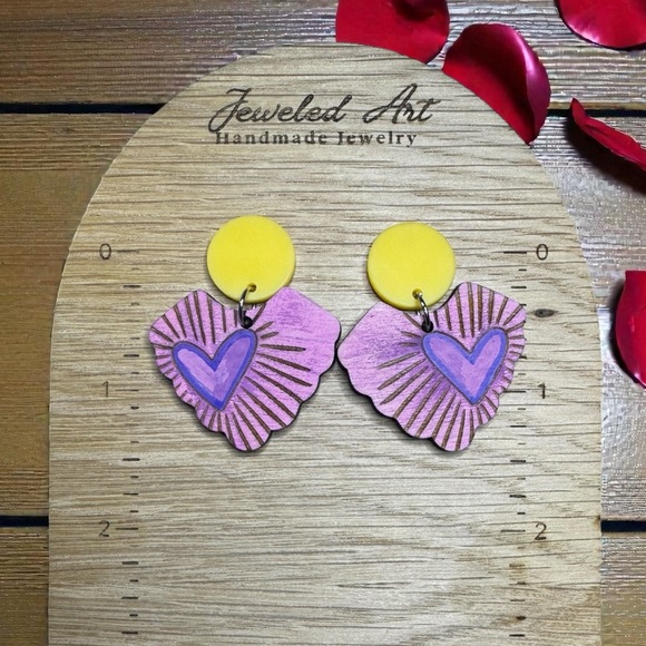 Jeweled Art Hand-Painted Radiant Heart Burst Engraved Wood Earrings - Picture 3 of 15